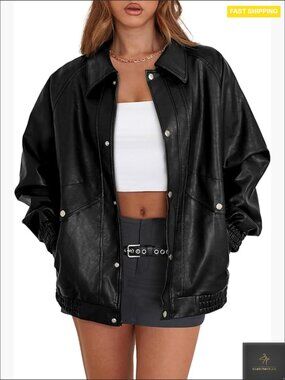 Faux Leather Motorcycle Jacket Oversized Aviator Y2K Chic Winter Coat